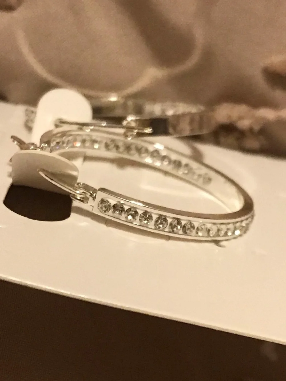 Silver Tone Textured Hoop Earrings - with inside / outside Rhinestones